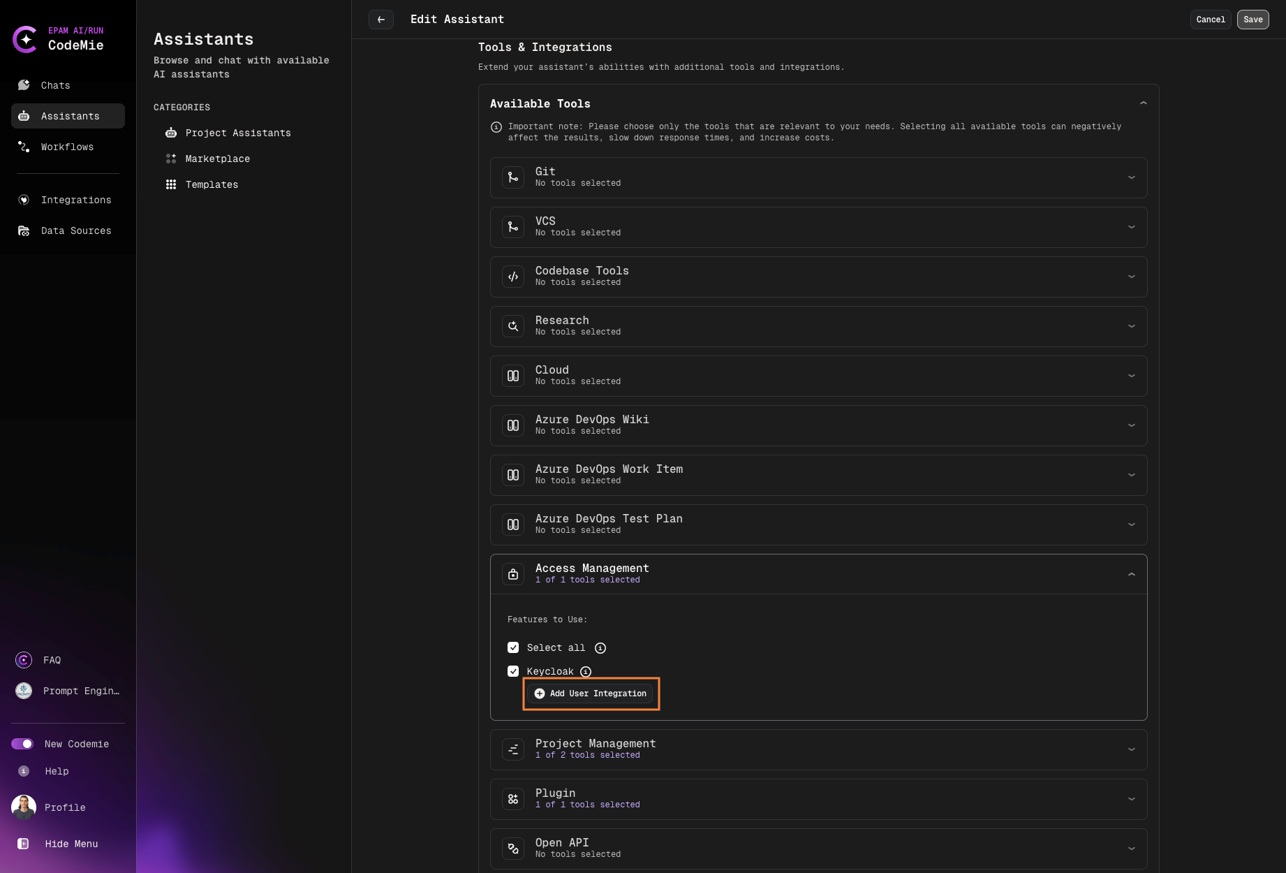 Add user integration from assistant page