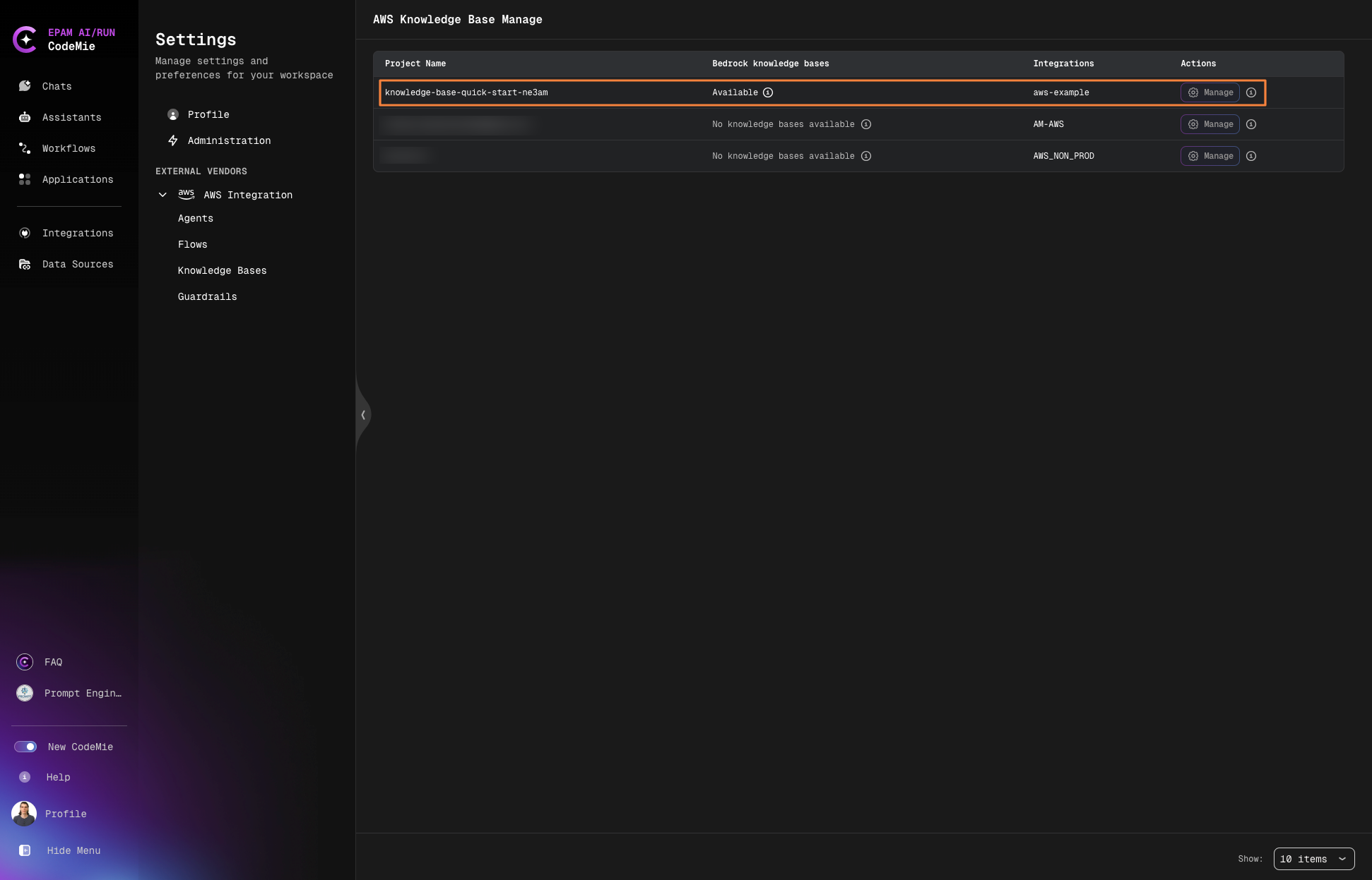 AWS Knowledge Bases Settings