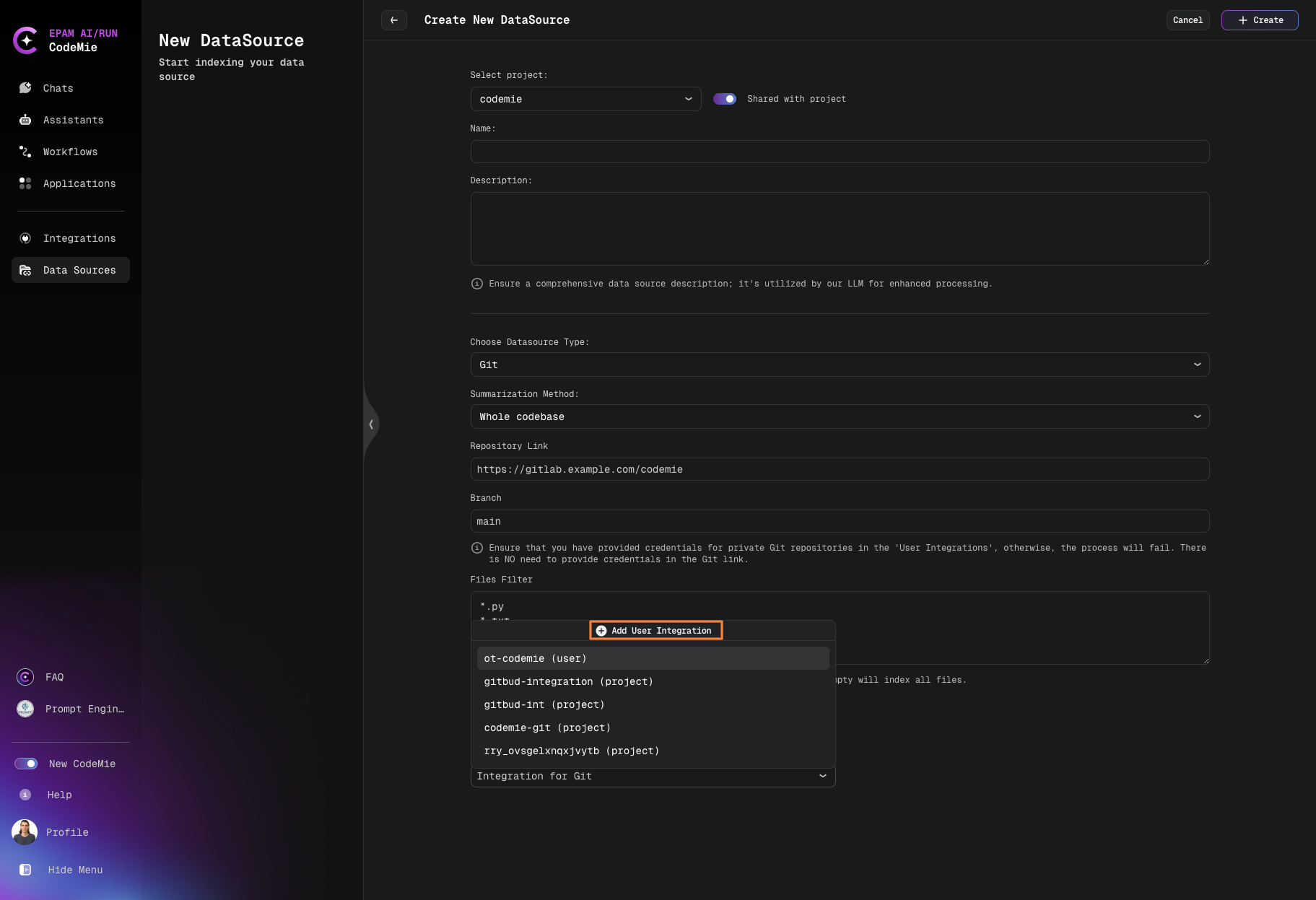 Add user integration button