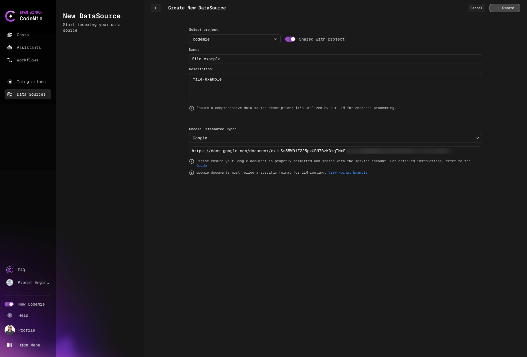 Google Data Source Form