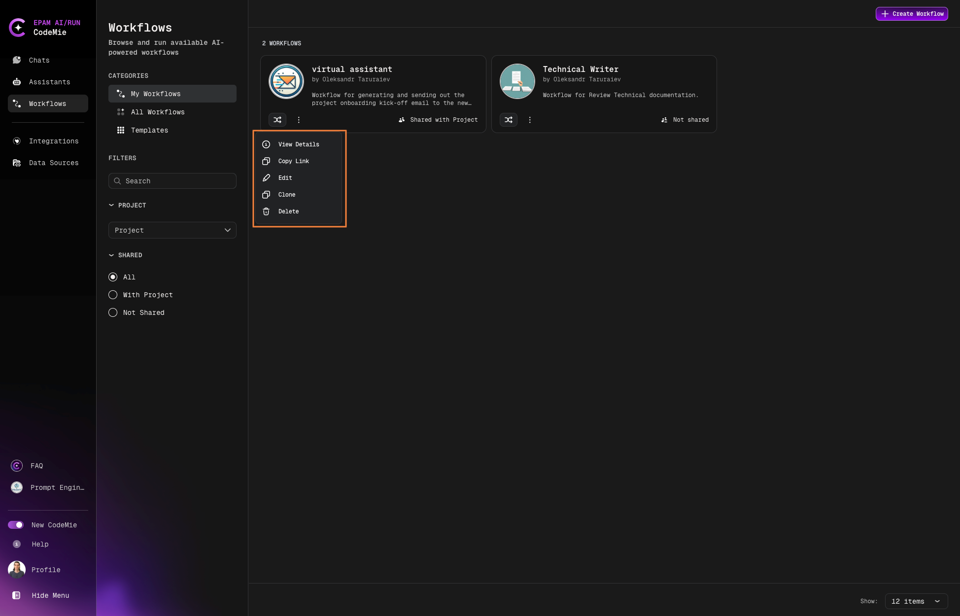 Workflow actions menu