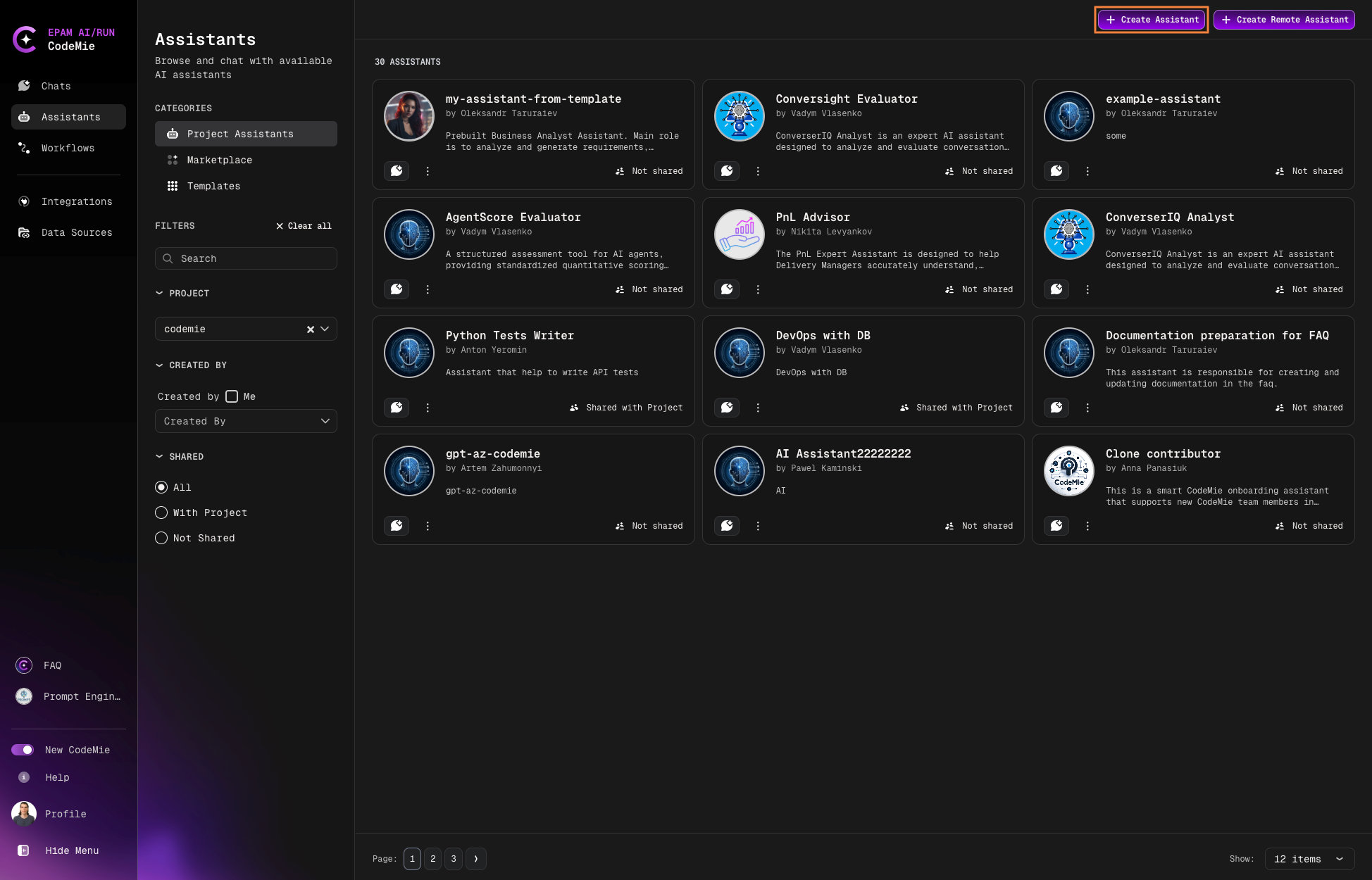 Create Assistant button
