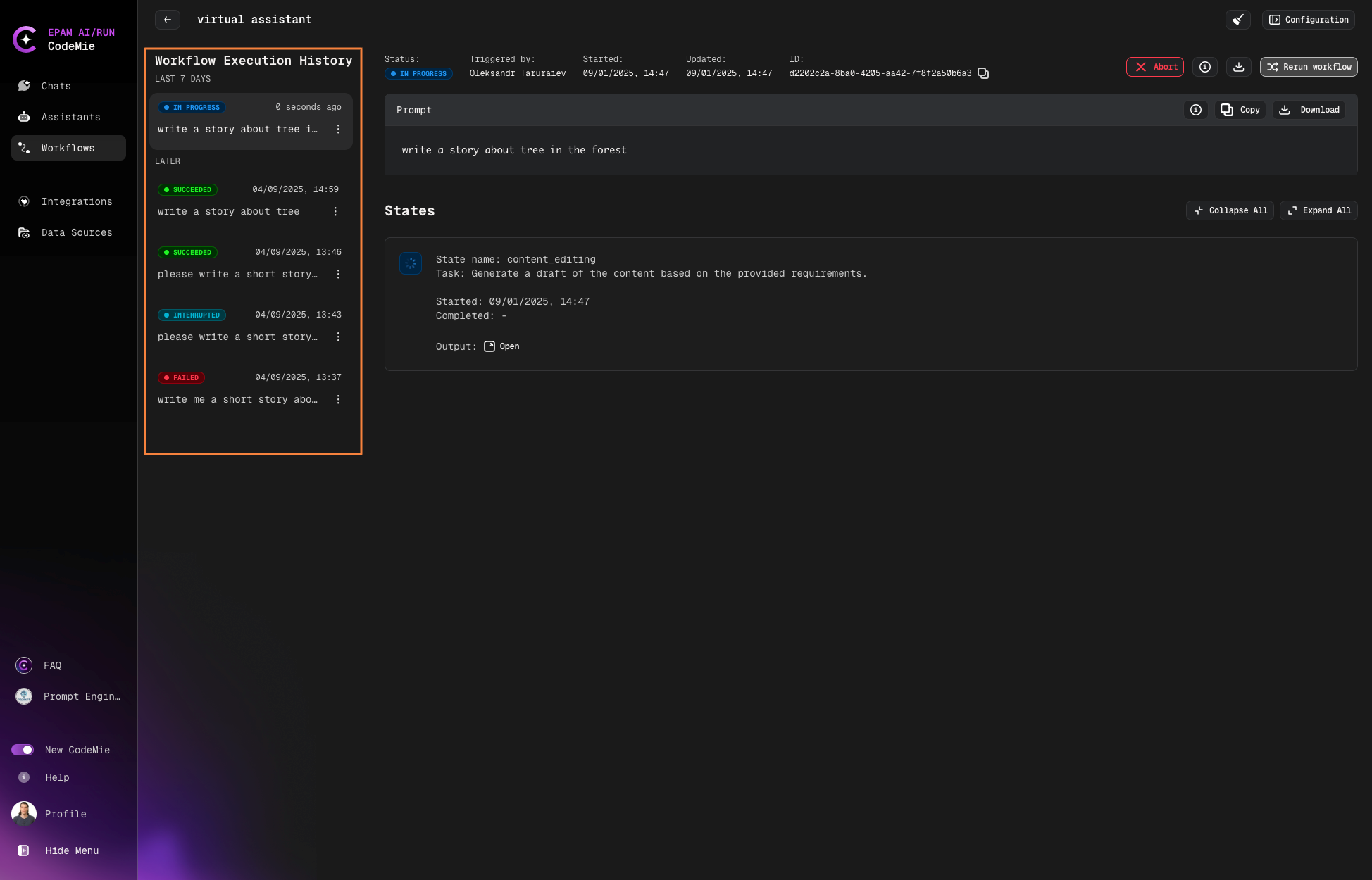 Workflow execution history