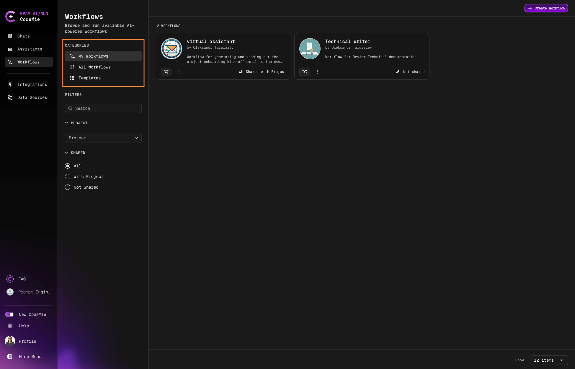 Workflow categories view