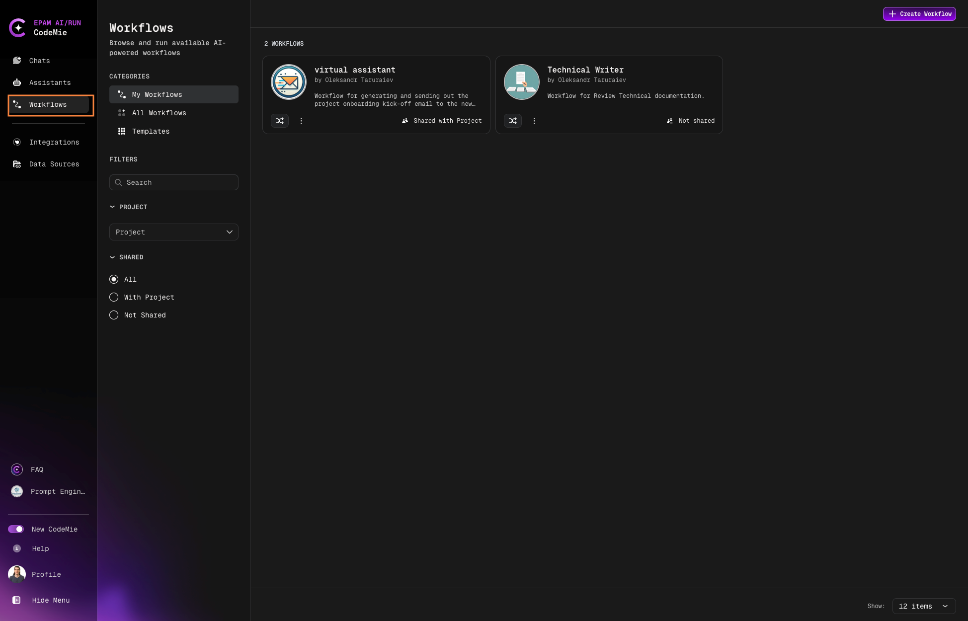 Workflows tab in the navigation menu