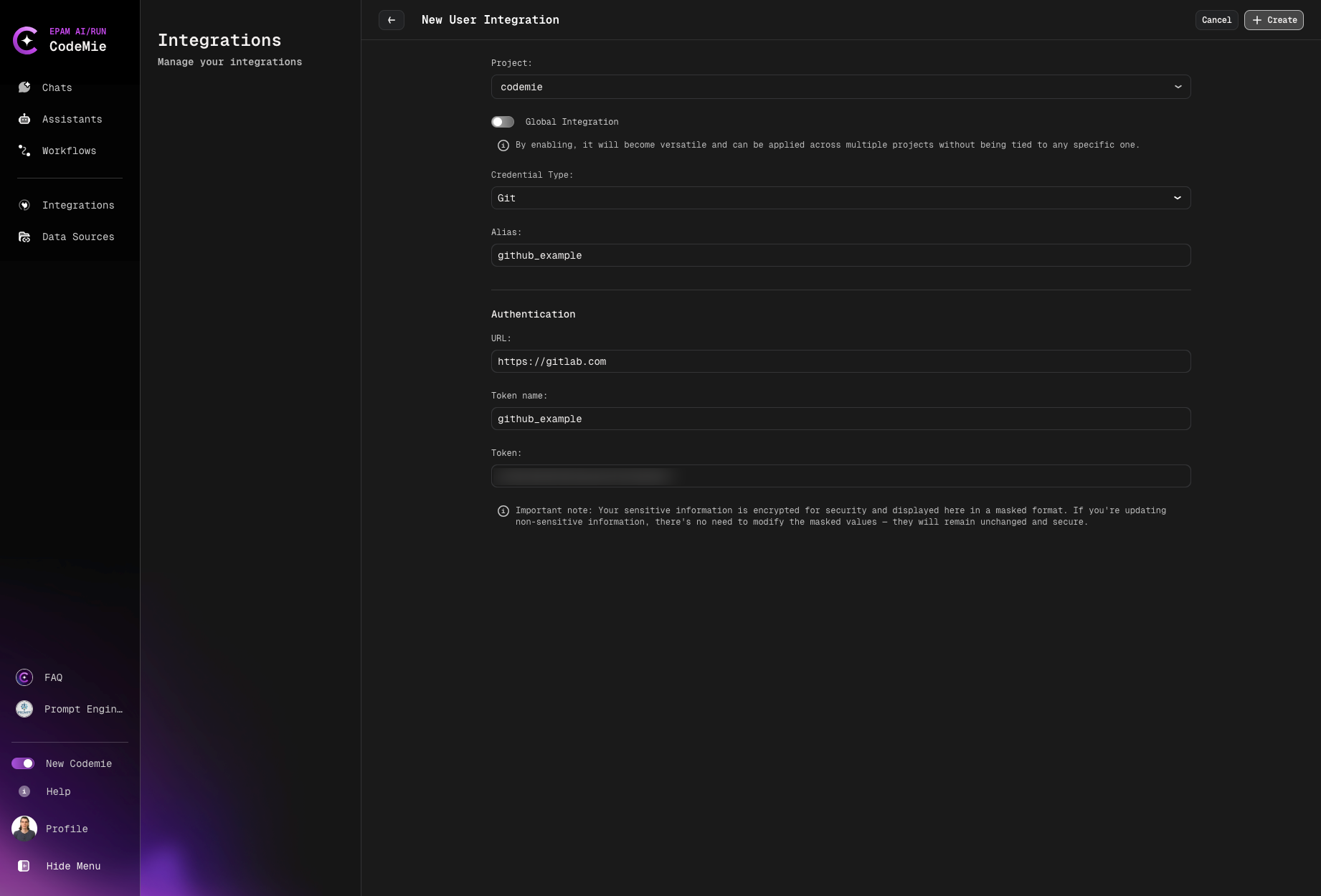 Integration creation form