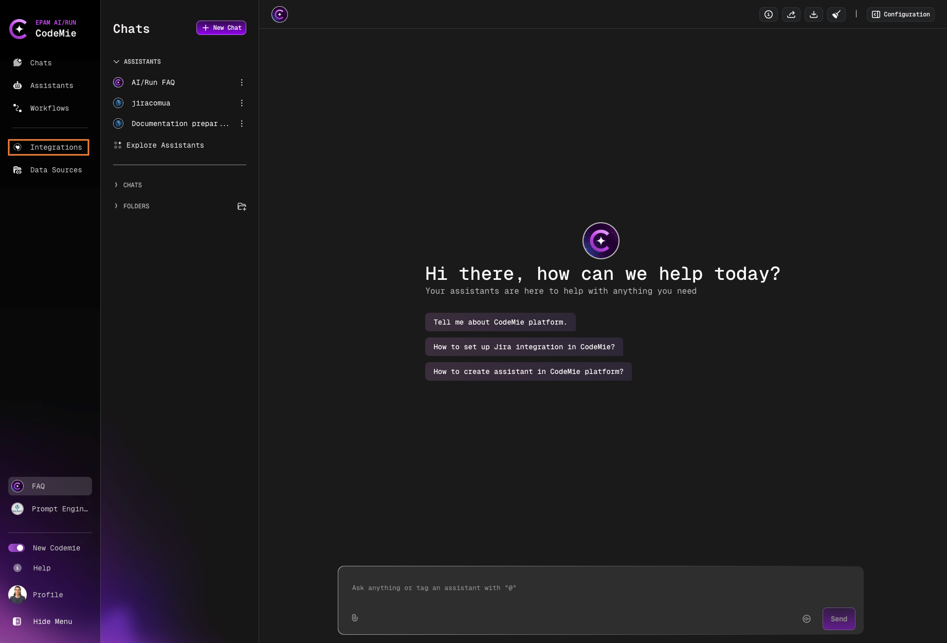 Integrations tab in main menu